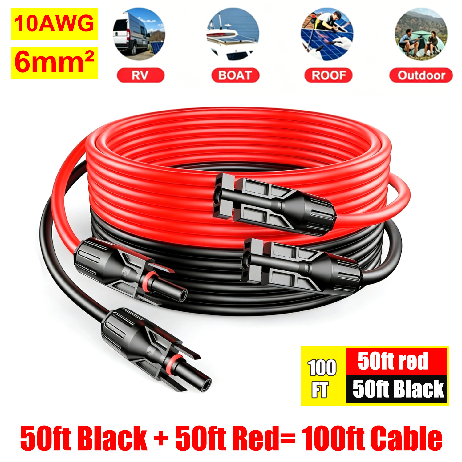 100FT 10 AWG Solar Panel Extension Cable PV Wire +Pair Solar Connectors 6mm²