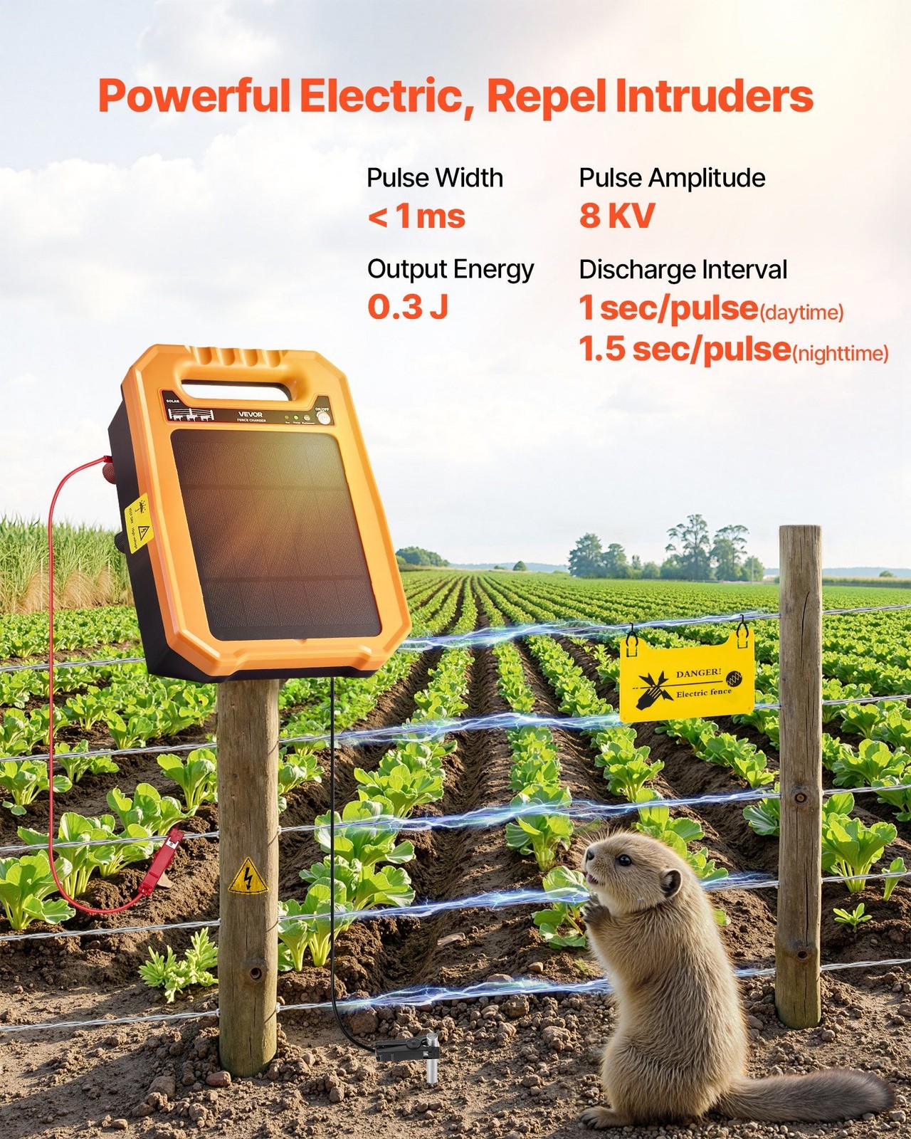 0.3J 8kV Solar Fence Charger w/10W Monocrystalline Panel 10400mAh