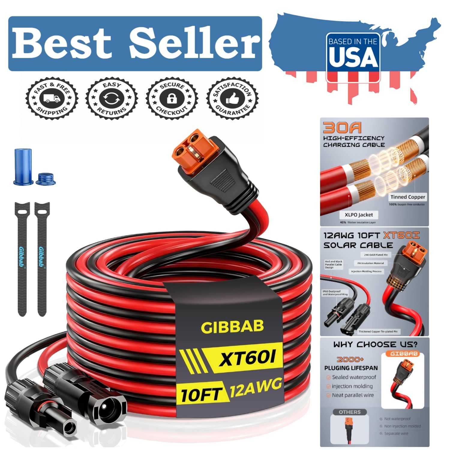 12AWG 10FT Solar to XT60i Cable, Gibbab 3 10 25FT Solar Panel Connector to XT60i