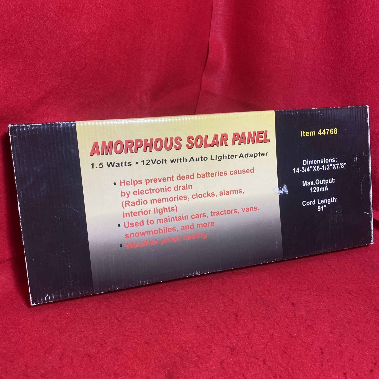 Amorphous Solar Panel – 1.5 Watts – 12V Power Port Adapter – Model 44768 – NOS