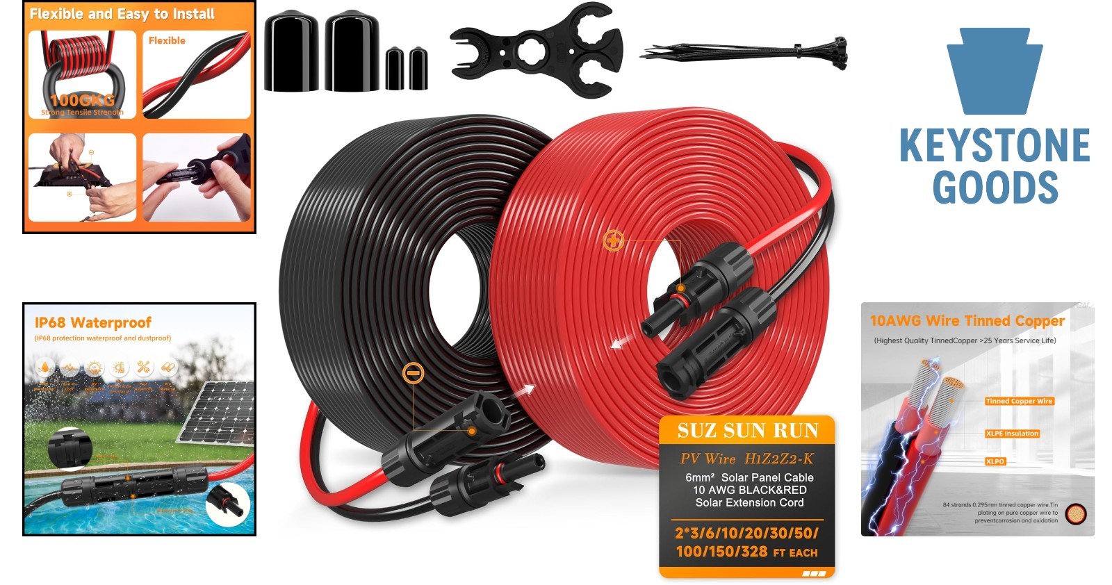 10AWG SunPower Solar Extension Cable with Waterproof Connectors, 6ft