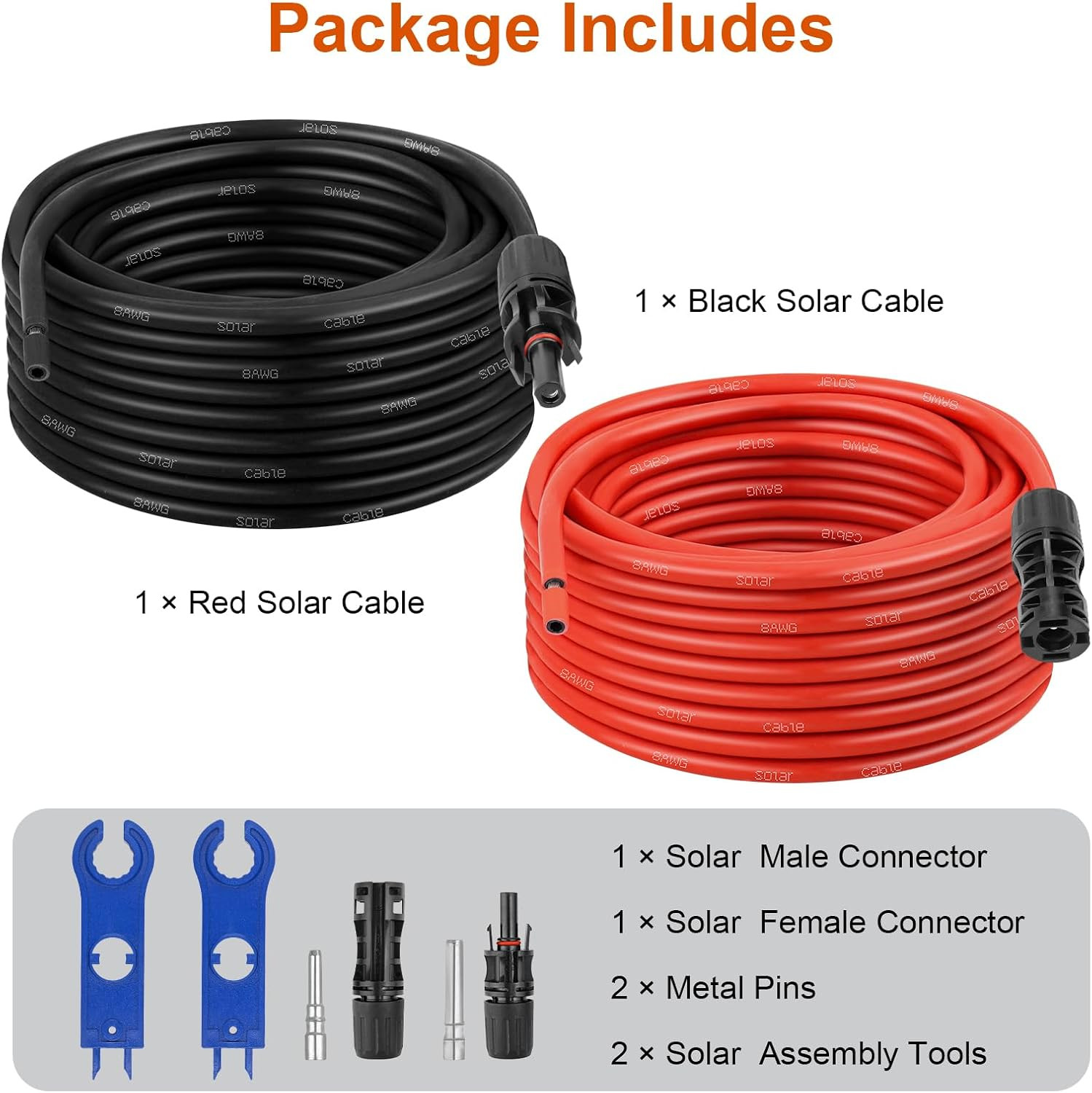 Solar Extension Cable 8AWG, 30FT Red & Black Solar Panel Wire