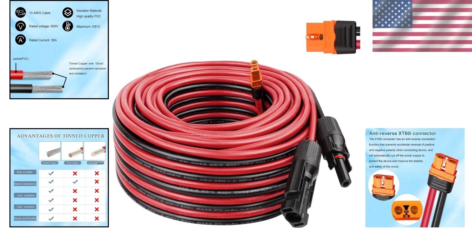 XT60i Solar Cable 50ft 10AWG Heavy Duty Heat Resistant Generator Link