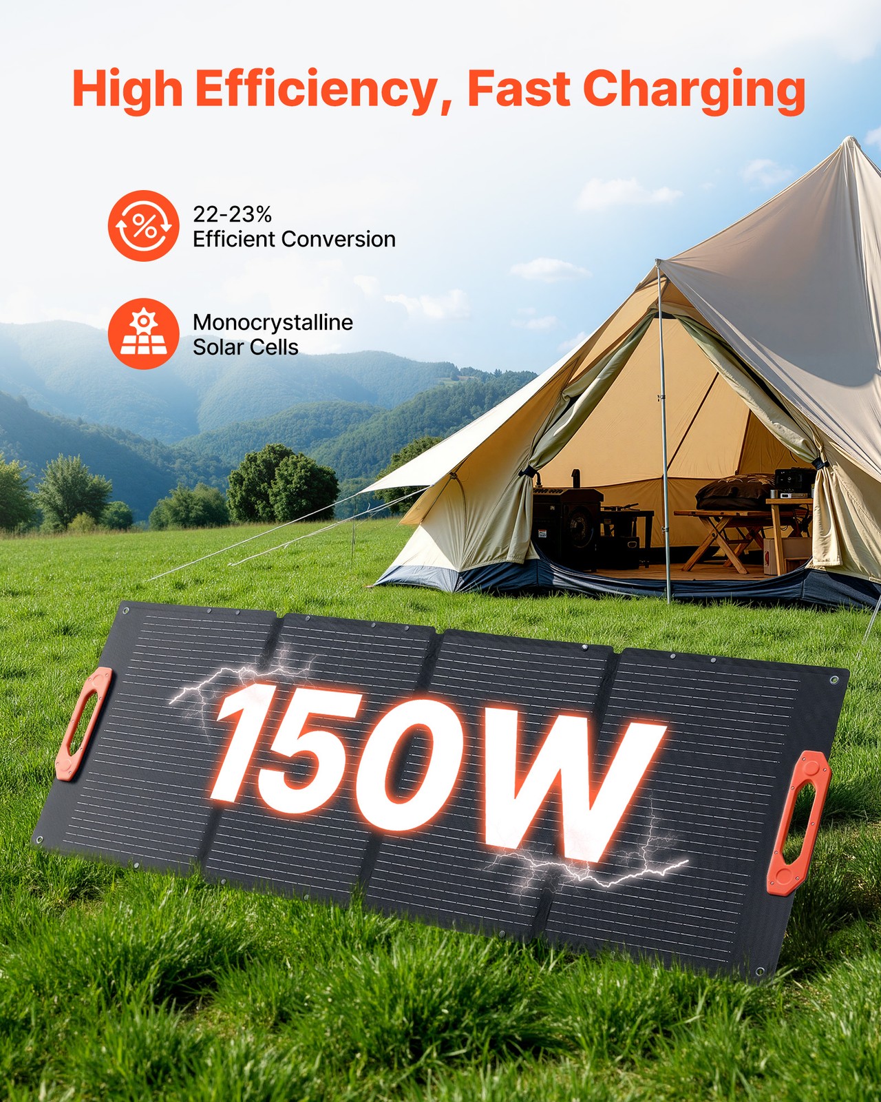 VEVOR 150W Foldable Monocrystalline Solar Panel Portable ETFE Mono Solar Charger