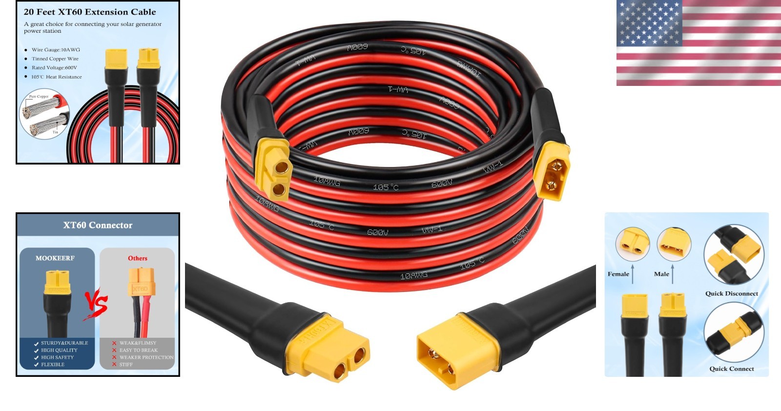 Tinned Copper XT60 Extension Cord 20FT 10AWG for Solar Panel