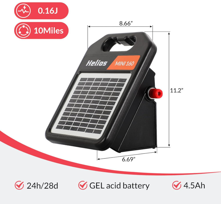 10 Mile Solar Fence Charger, 0.16J, Day/Night Mode, 24Hr Protection