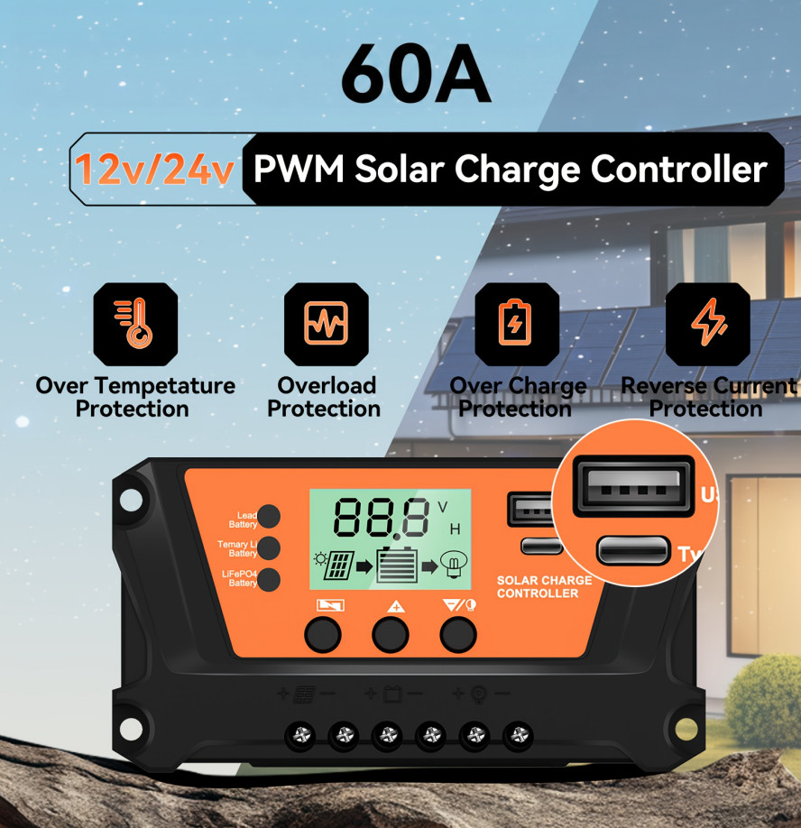 1/2 pieces 60A solar controller, 12V/24V automatic recognition LCD display