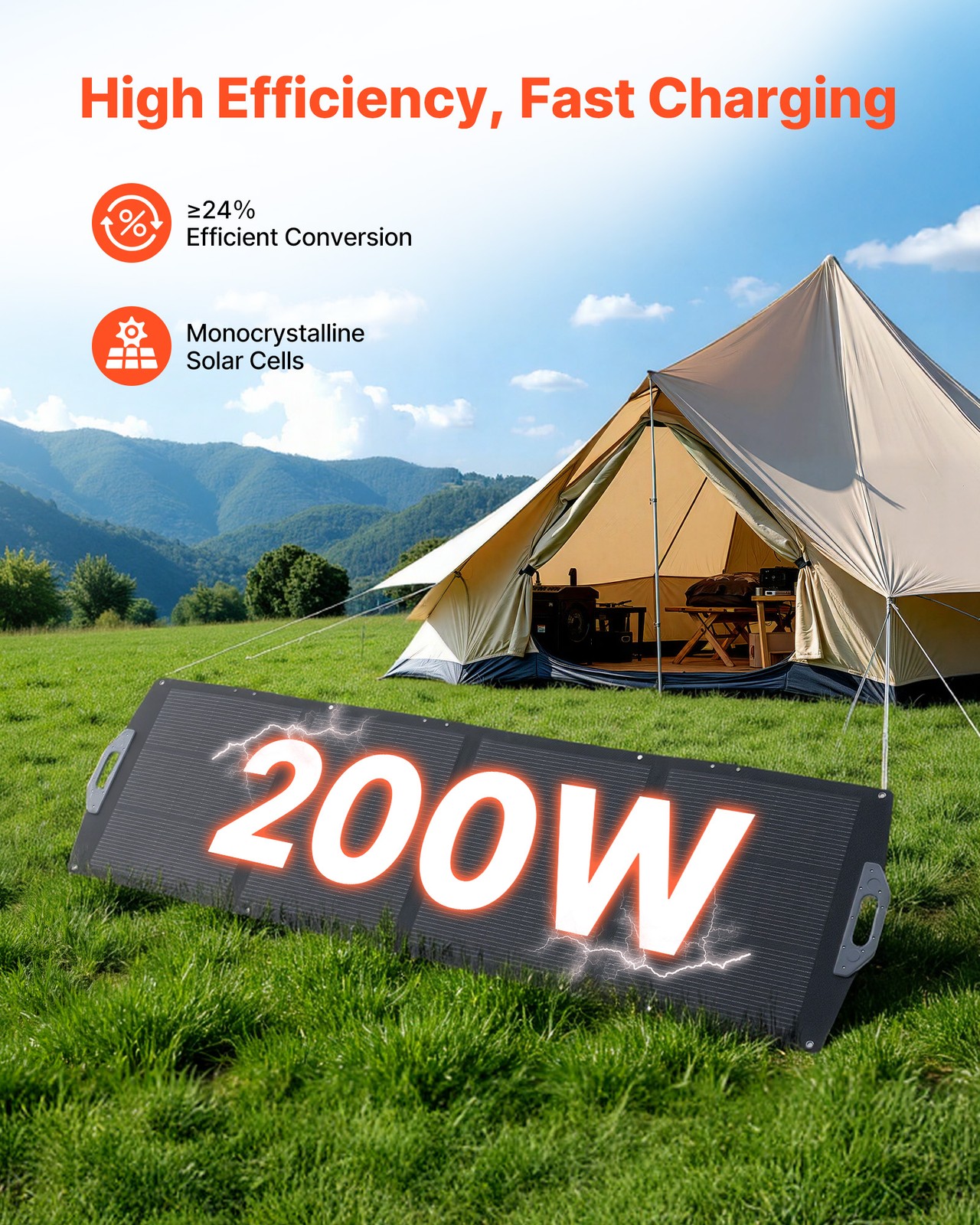 VEVOR 200W Foldable Solar Panel 24% High-Efficiency Portable Mono Solar Panel