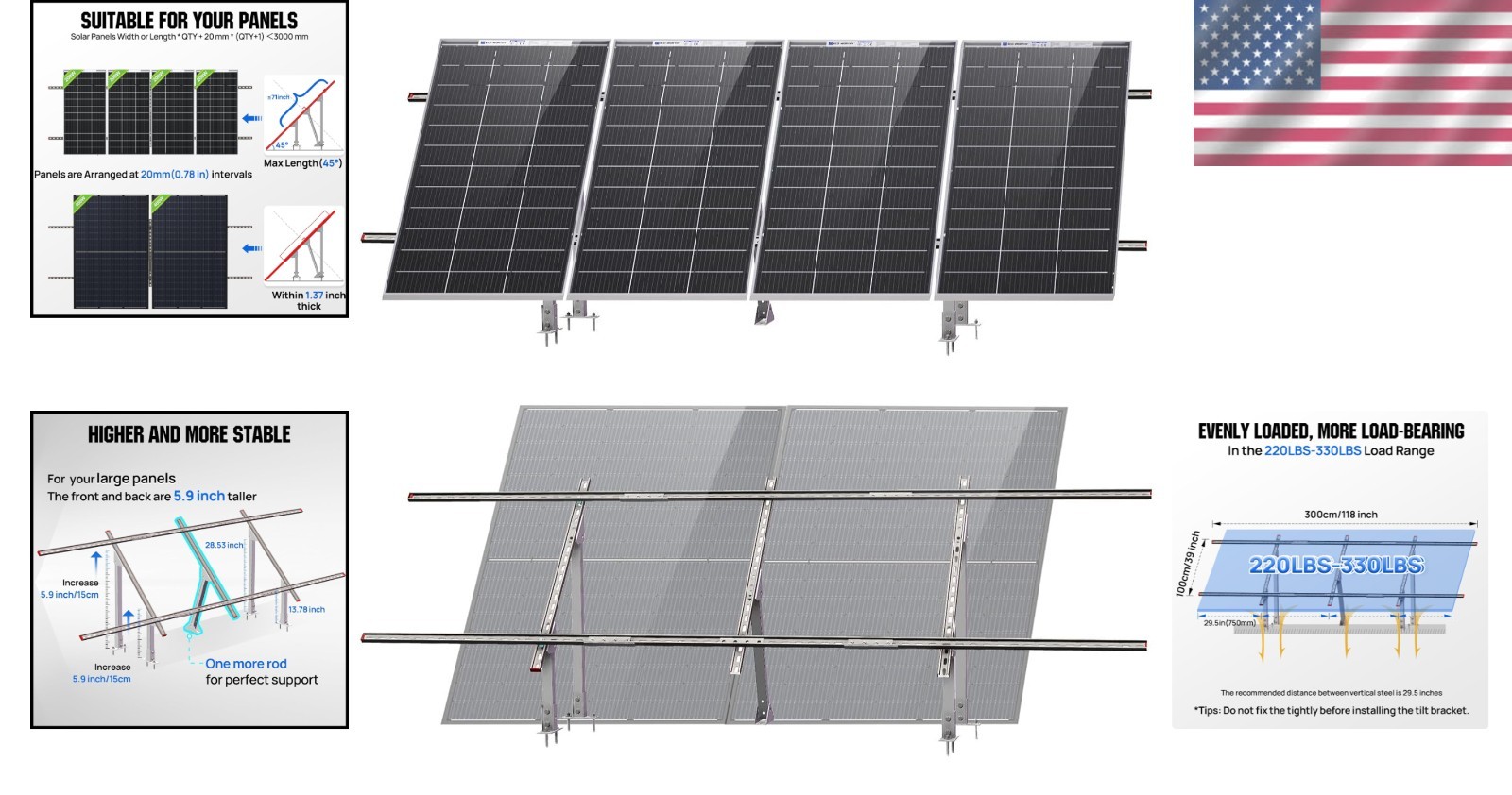 Adjustable Solar Panel Mounting Brackets Kit for 4pcs 200W/3pcs 300W Panels