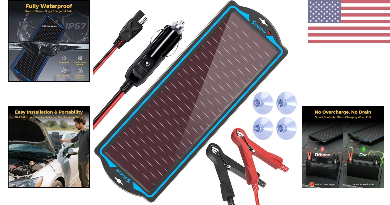 12V Waterproof Solar Battery Charger Kit – Portable Charger for Vehicles & Boats