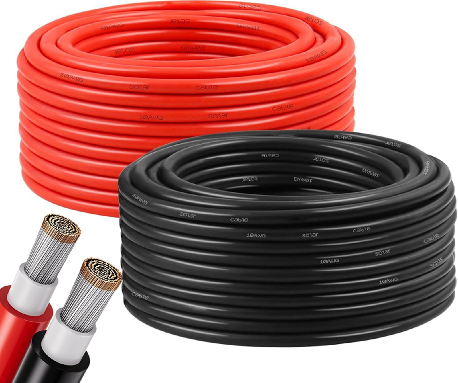 10AWG Solar Panel Extension Cable, 6mm2 Tinned Copper PV Wire, 50FT Red Black