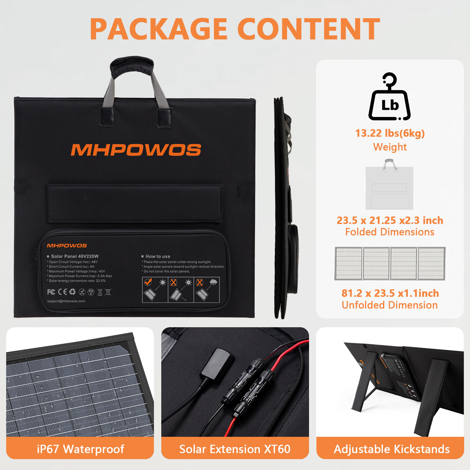 MHPOWOS 220 Watt Portable Solar Panel, 23.5% High Conversion Efficiency for Camp