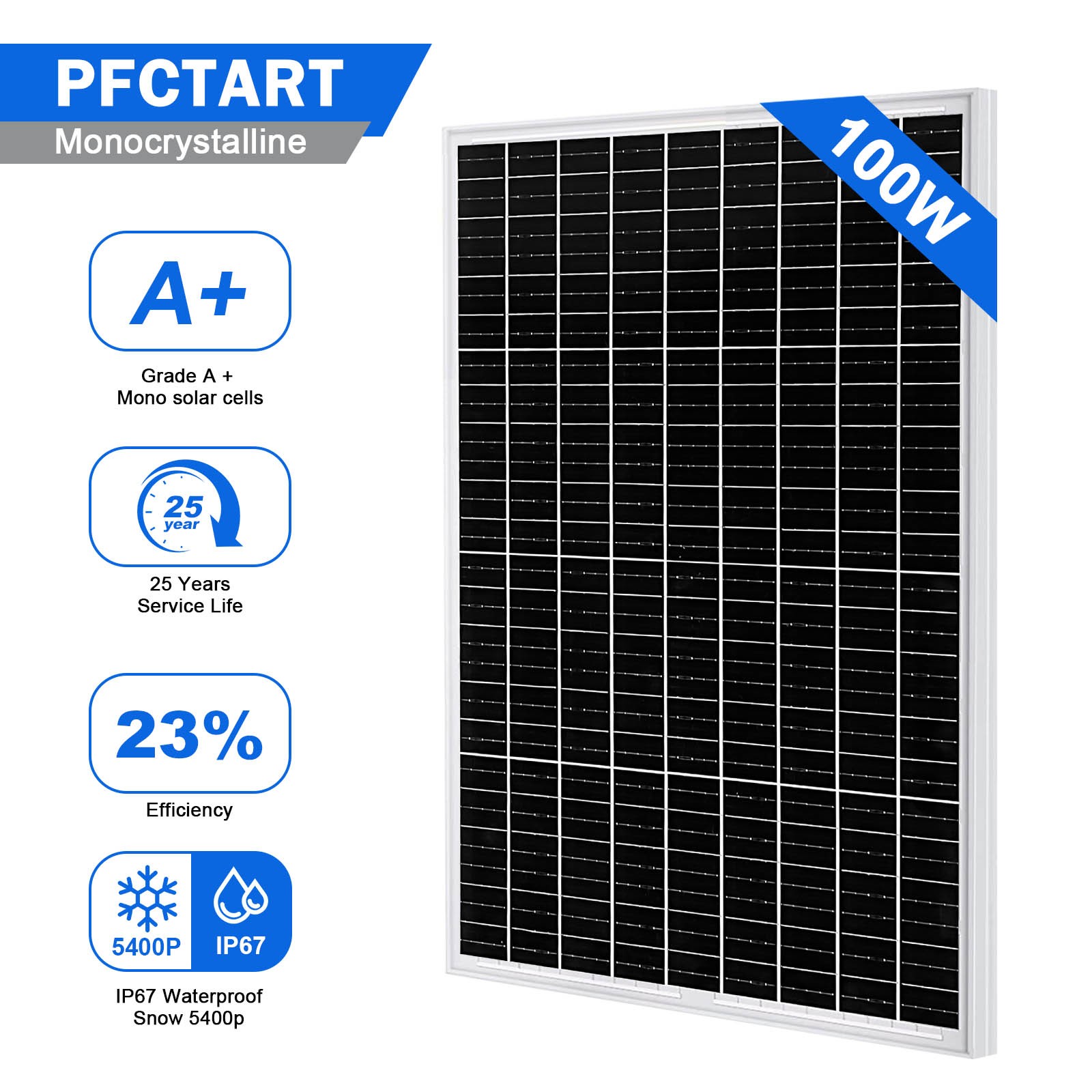PFCTART 100w 12v Monocrystalline Solar Panel RV Camping Home Garden Off Grid