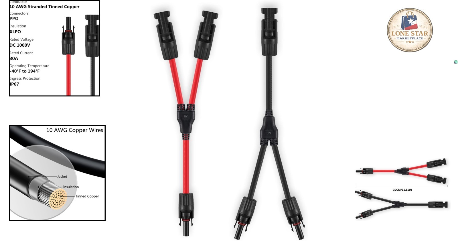 Color-Coded Y-Branch Solar Panel Connector – Tool-Free Installation, 12 Inch