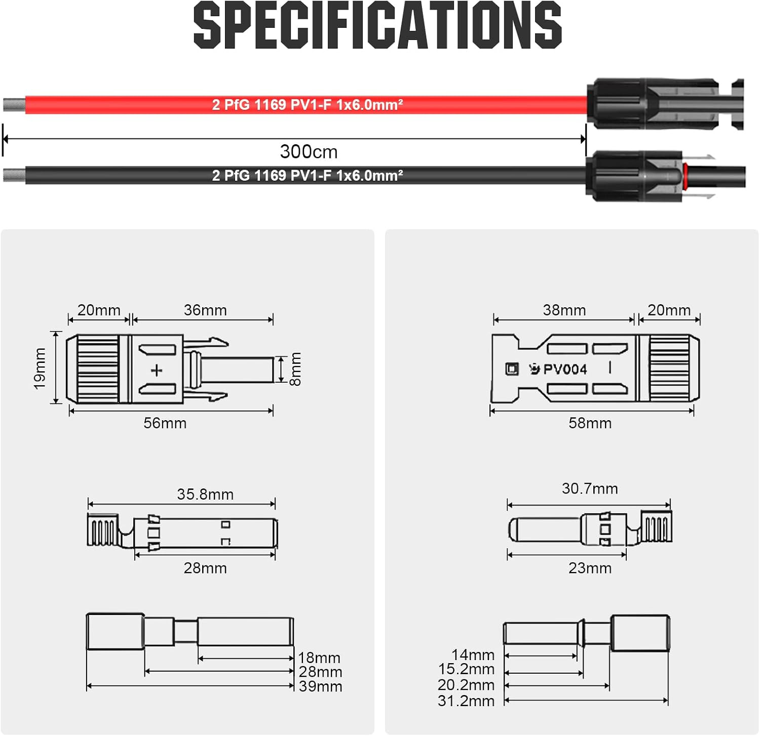 10FT 10AWG Solar Extension Cable 30A/1000V DC, IP67 Waterproof with Compatible Q