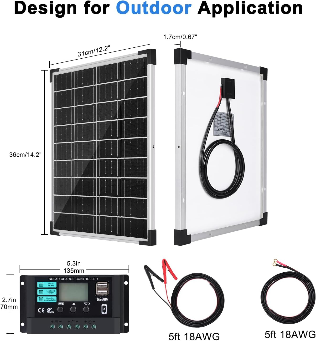 Solar Panel Kit 20W 12V, Solar Battery Charger with 10A Charge Controller and Ex