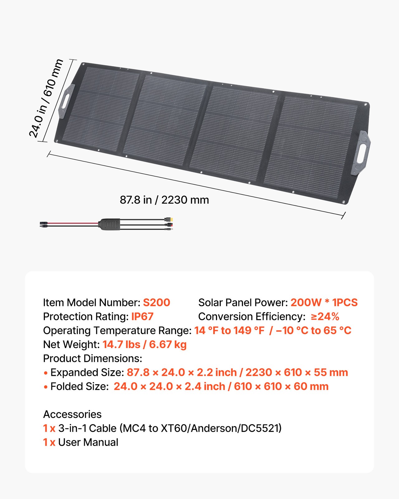 VEVOR 200W Foldable Solar Panel 24% High-Efficiency Portable Mono Solar Panel