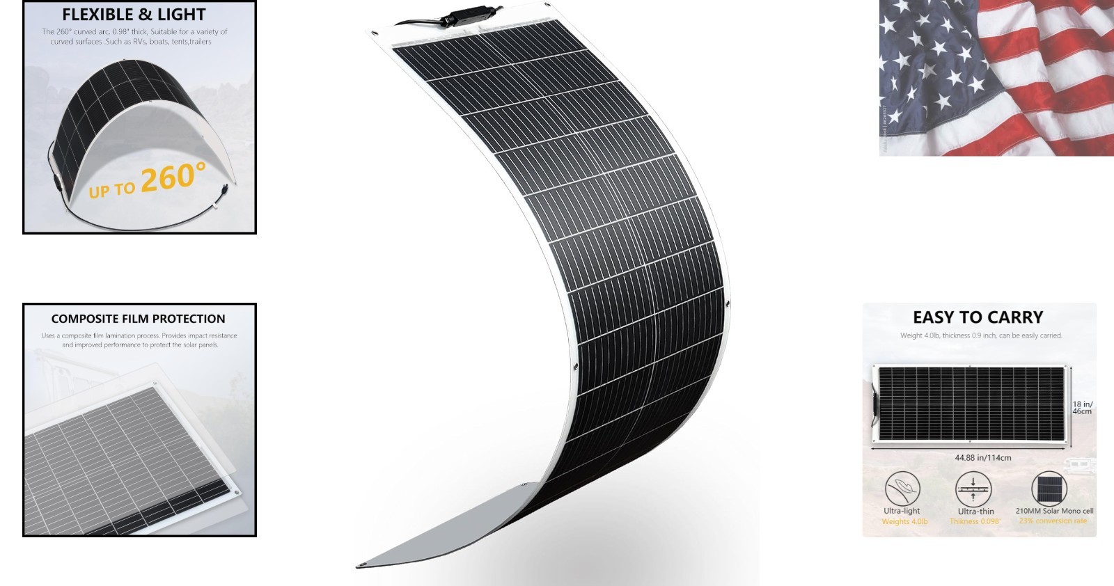 Flexible Solar Panel 100W 12V Monocrystalline Solar Cell Fiberglass Lightweig…