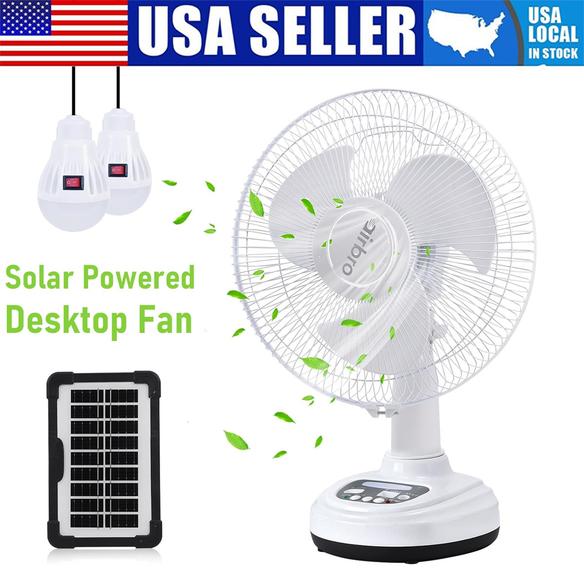 12″ Solar Powered Fan Rechargeable Fan with 2 LED Bulbs Portable Camping Fan US