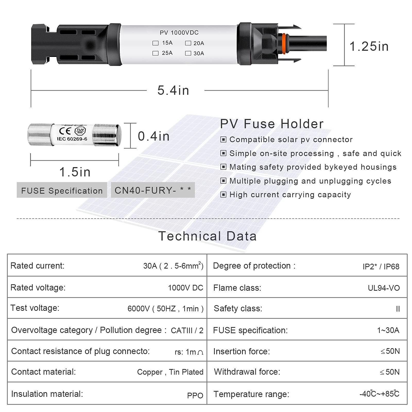 20A Solar Fuse Holder Connector IP68 Waterproof 1000V in-line Fuse Holder 20A Ma
