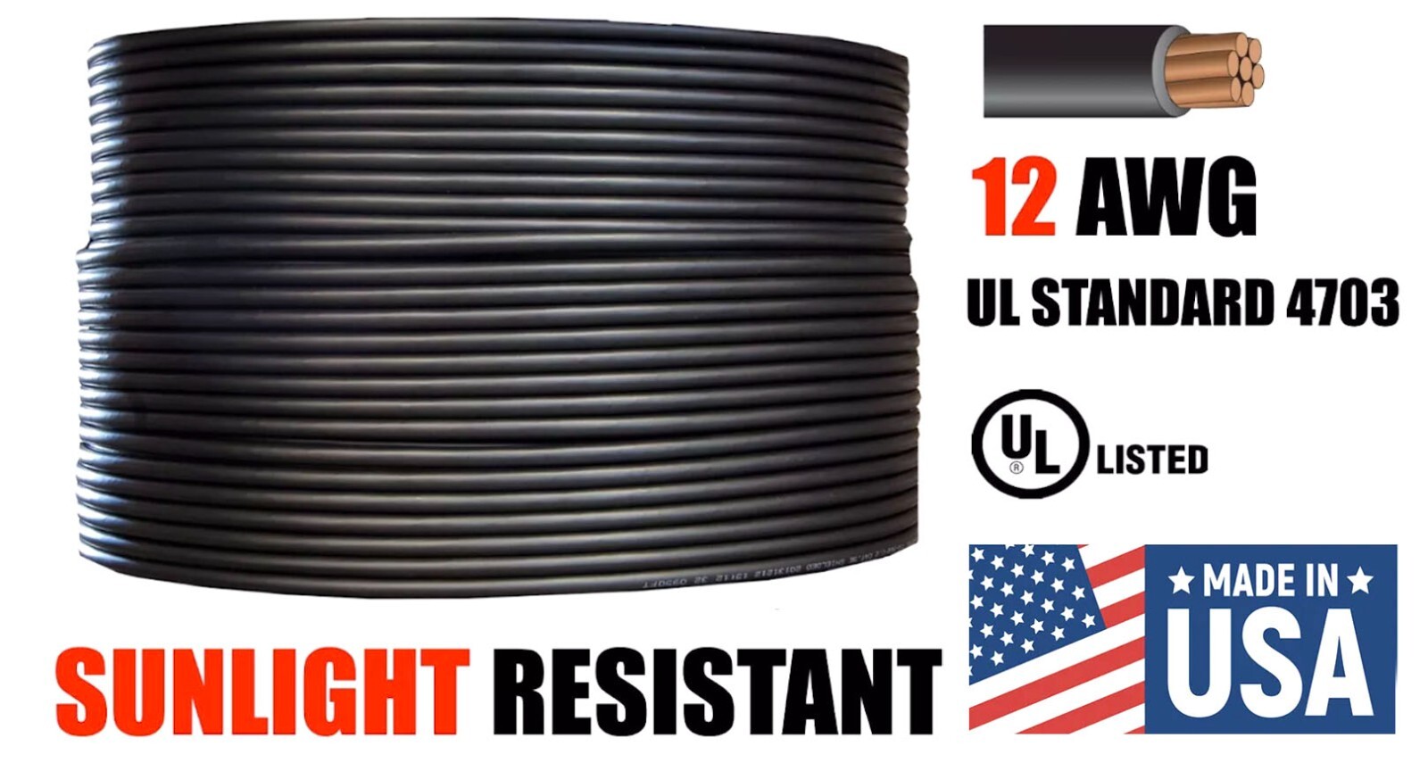 12 AWG Gauge PV Wire 2000 Volt Pre-Cut 50 Ft for Solar Installation Made in USA