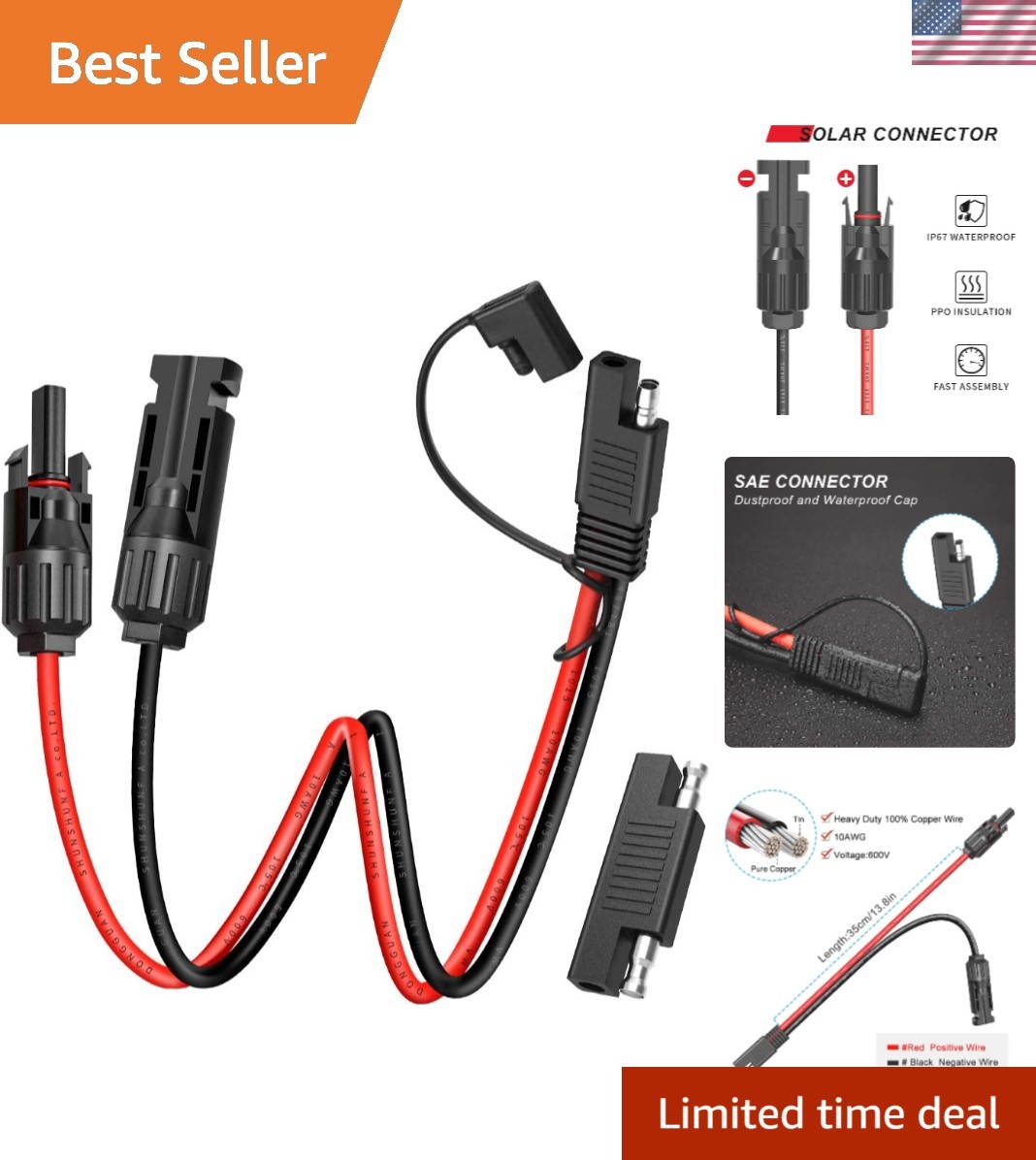 10AWG SAE Solar Connector Cable for RV & Battery Charger with Polarity Adapter