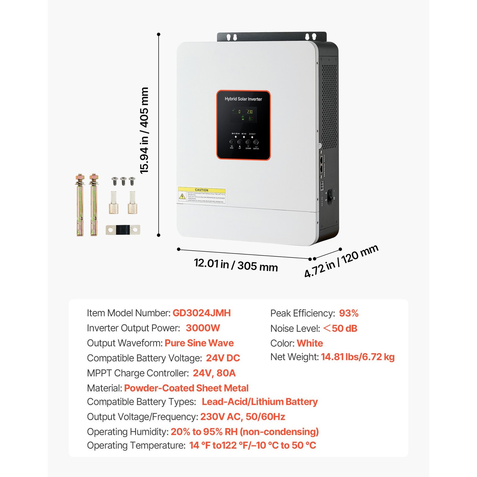 3000W Hybrid Solar Inverter, 24V to 230V AC, Pure Sine Wave with 80A MPPT