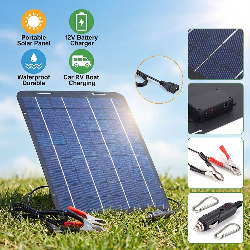 Waterproof Solar Battery Maintainer USB Charger 30W 12Volt Car RV Tender Trickle