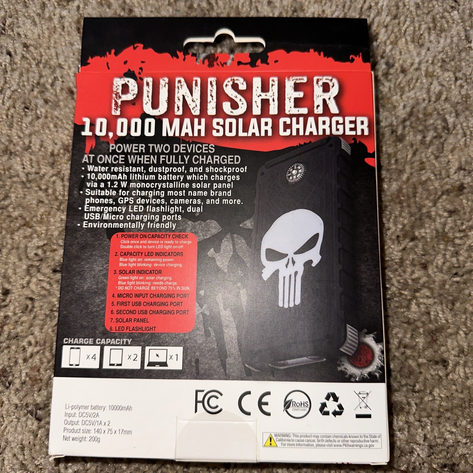 New! Solar Charger & Power Bank Trail Blazer 10,000 MAH Water Resistant Punisher