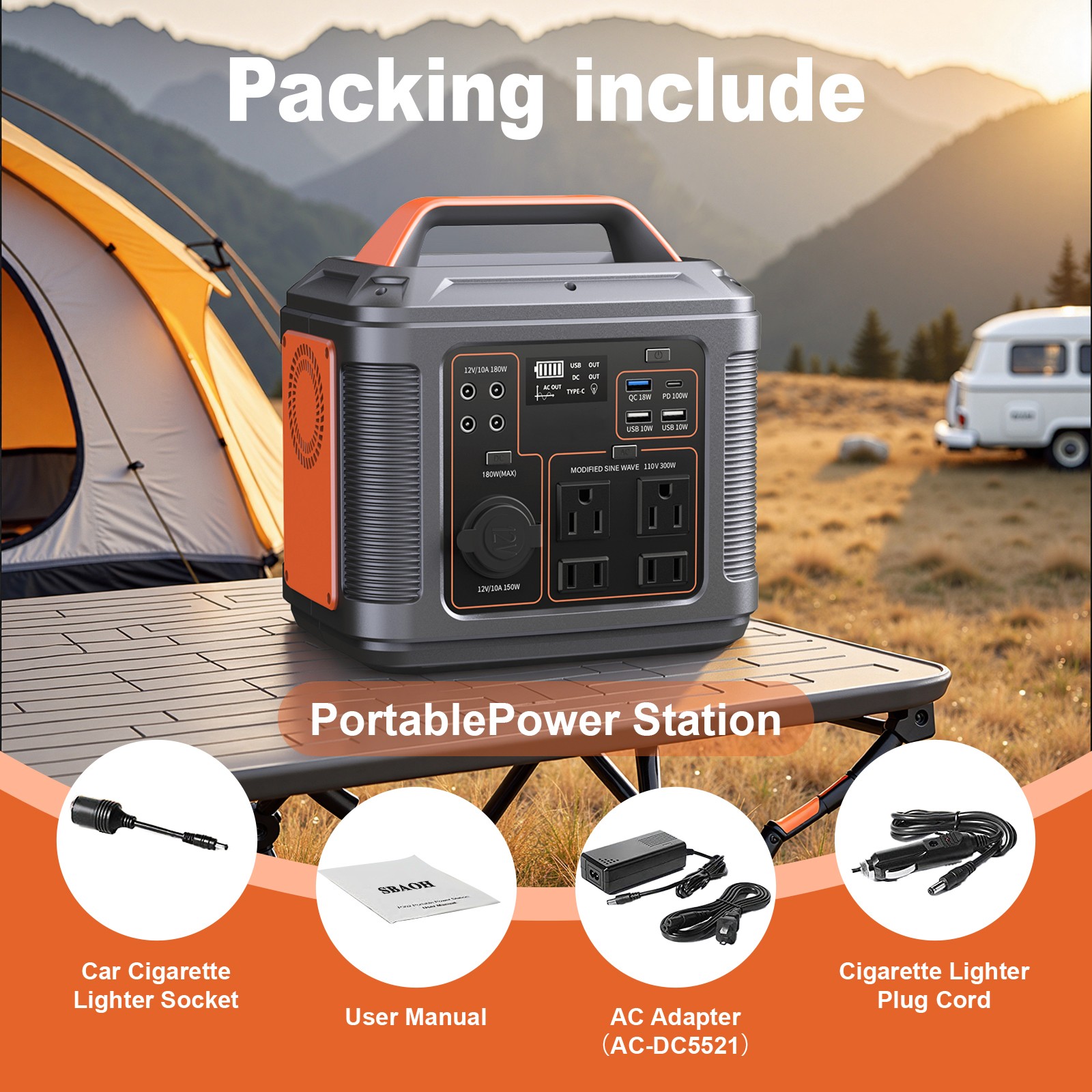 300W Portable Power Station 296Wh 80000mAh Lithium Battery for Camping RV Solar