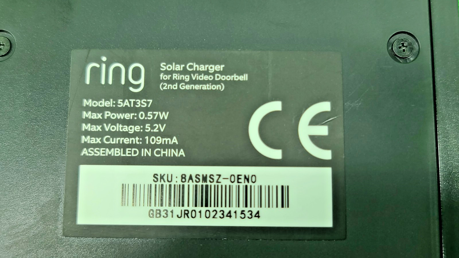 Ring 5AT3S7 Black Solar Charger Ring Battery Video Doorbell Micro USB
