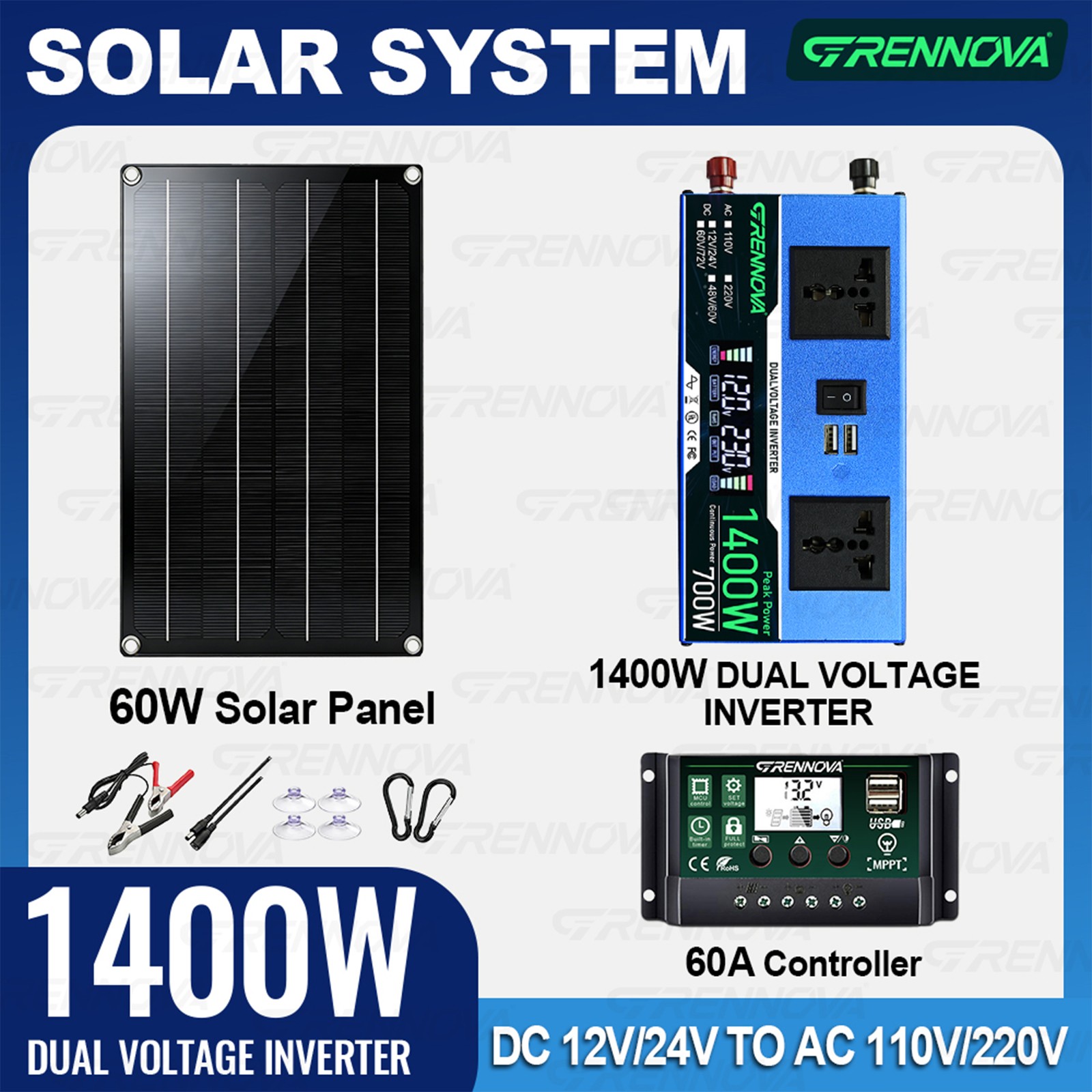Grennova 1400W DIY Solar System 60W Panel 60A MPPT Dual Voltage Inverter