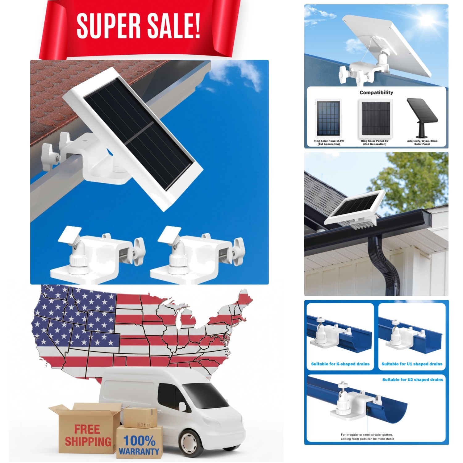 2-Pack Universal Gutter Mount with 360° Rotation for Maximum Sunlight Exposure