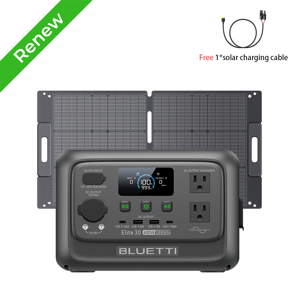BLUETTI Elite 30 V2 600W 288Wh Portable Power Station+100W Solar Panel for Trip