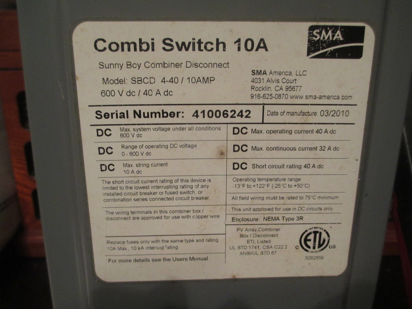 COMBI SWITCH 10 A SMA SUNNY BOY MODEL SBCD 4 40 600 V DC/40A DC NEW ,NO BOX