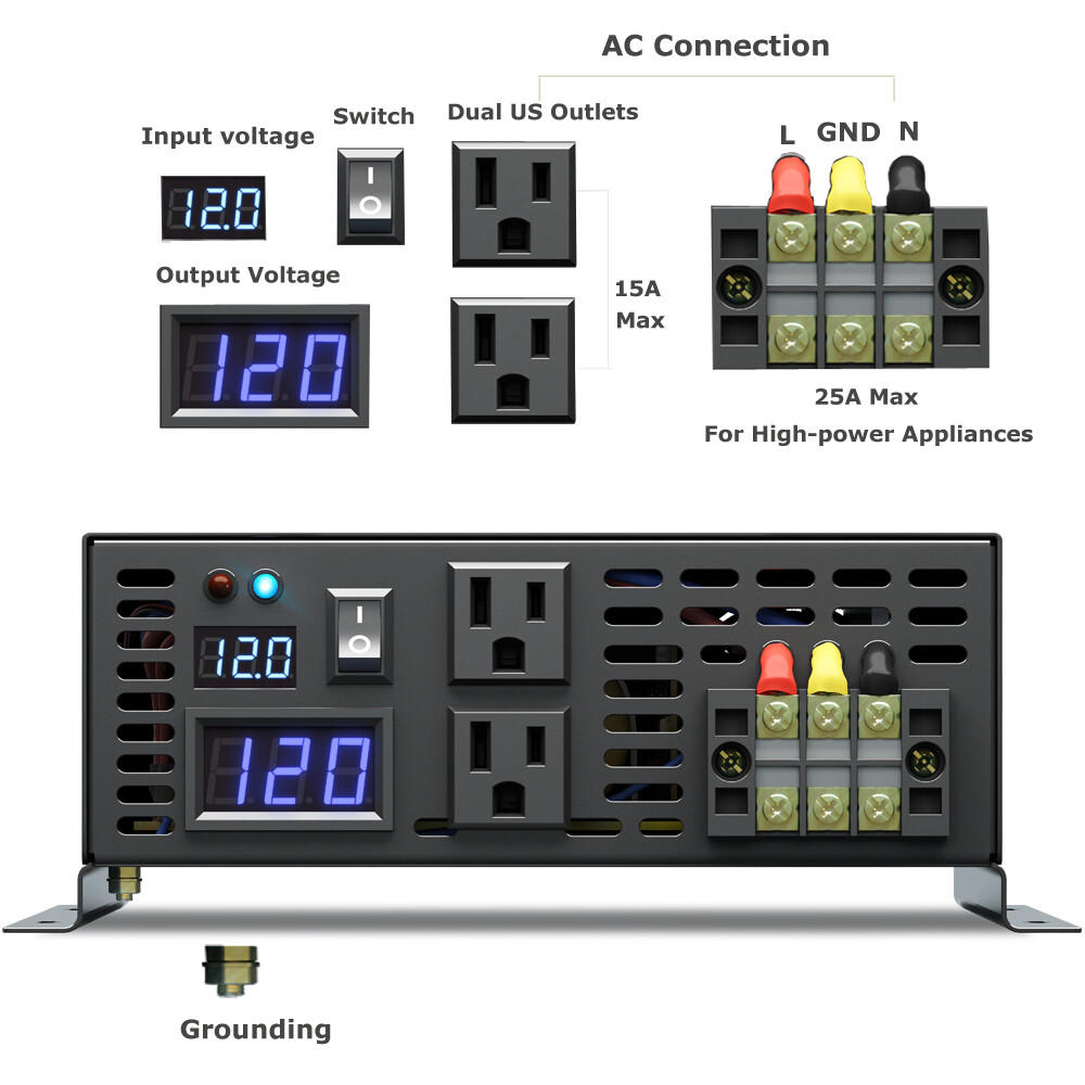 2000W Power Inverter Pure Sine Wave Inverter 12V 110V 120V Car Truck Boat Solar