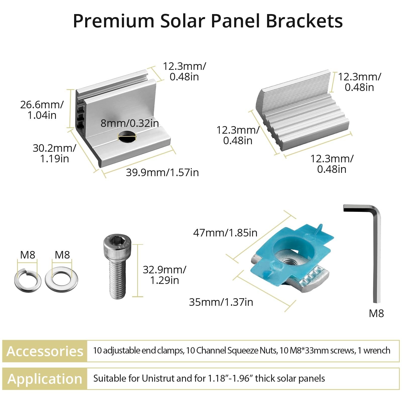 10pcs Adjustable Solar Panel End Clamp for Unistrut, 30-50mm Aluminum Solar P…