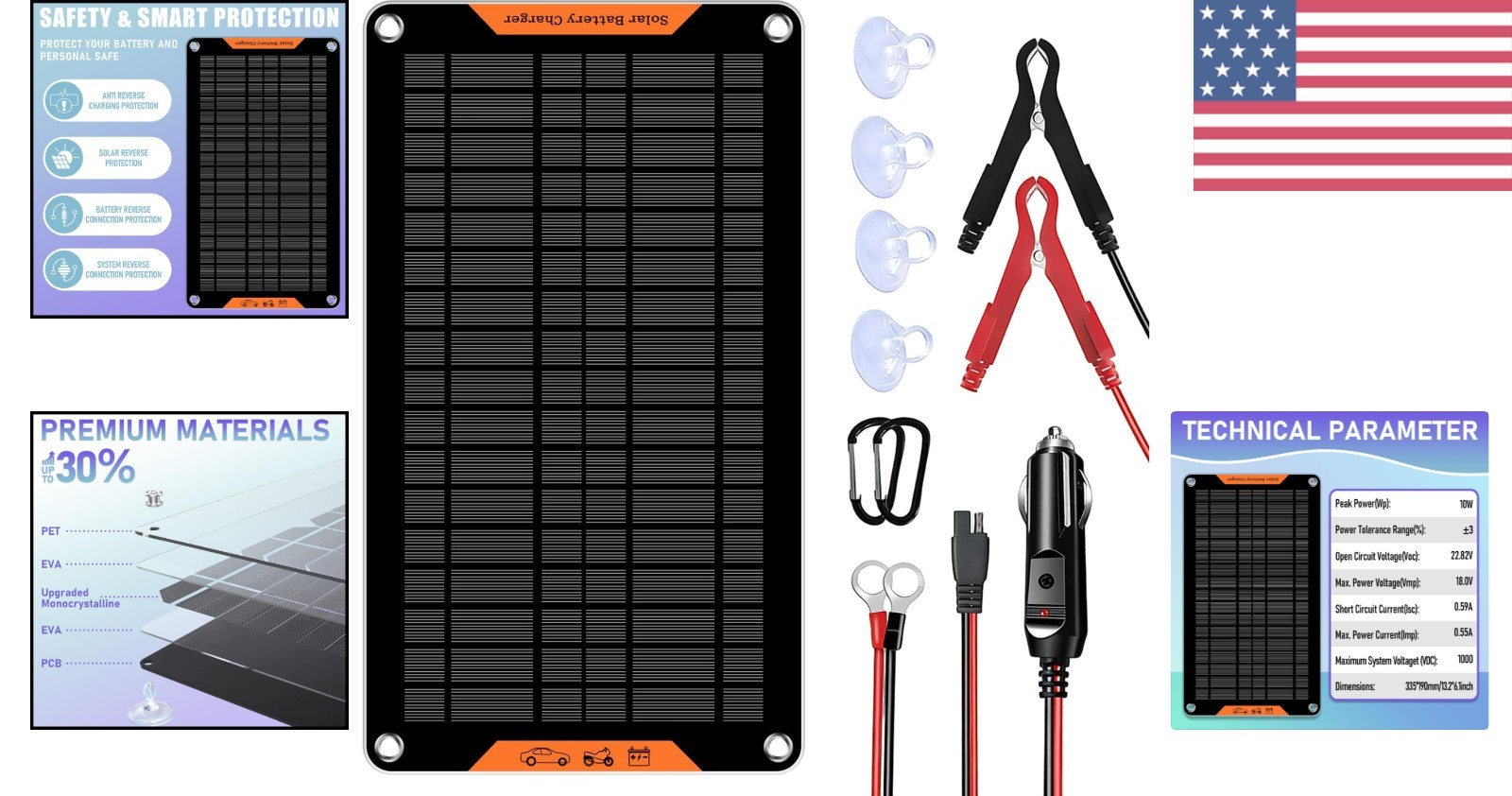 10W Solar Car Battery Charger for Automotive, Motorcycle & RV – Safe & Durable
