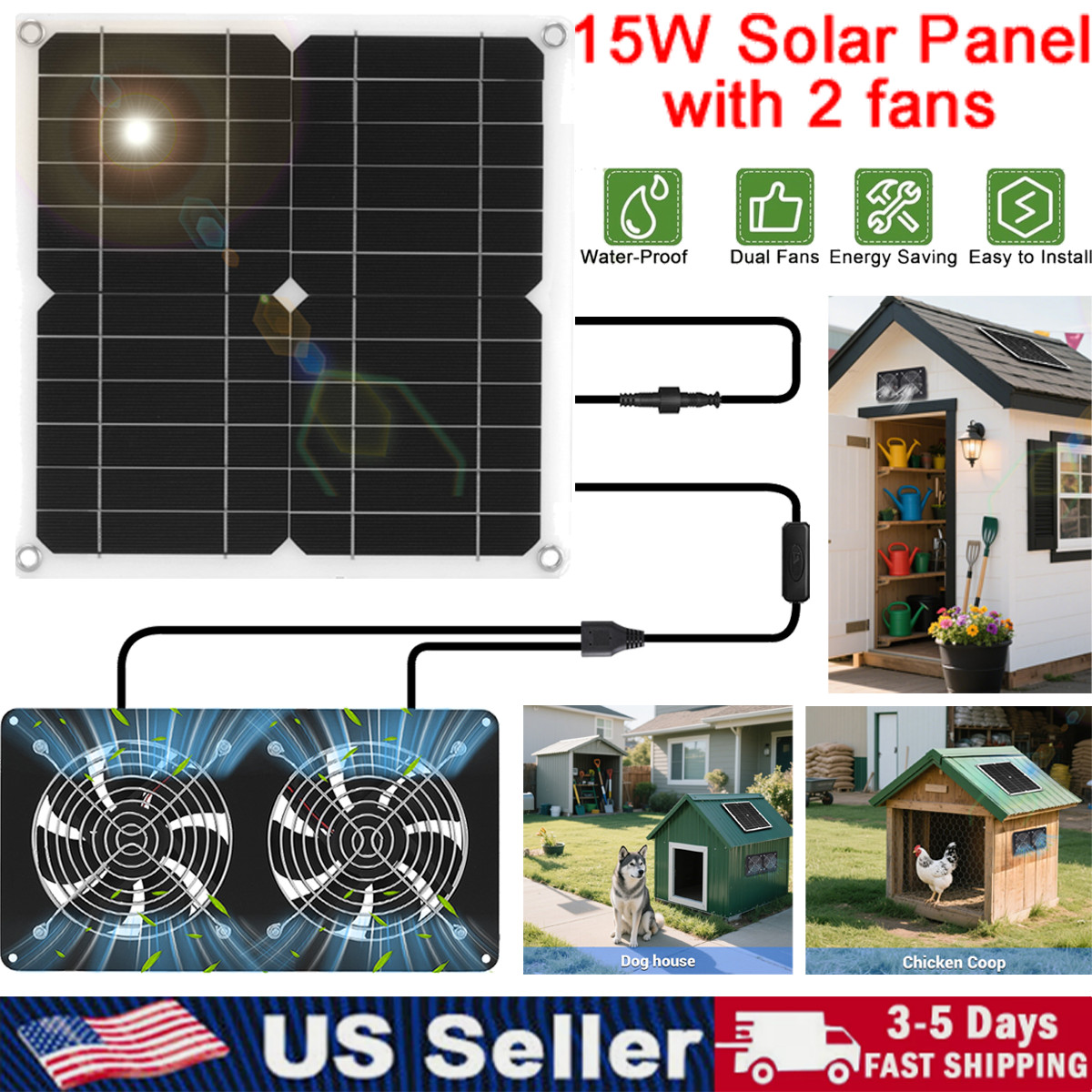 15W Solar Powered Exhaust Fan Kit with 28x28cm Panel for Pet House Ventilation