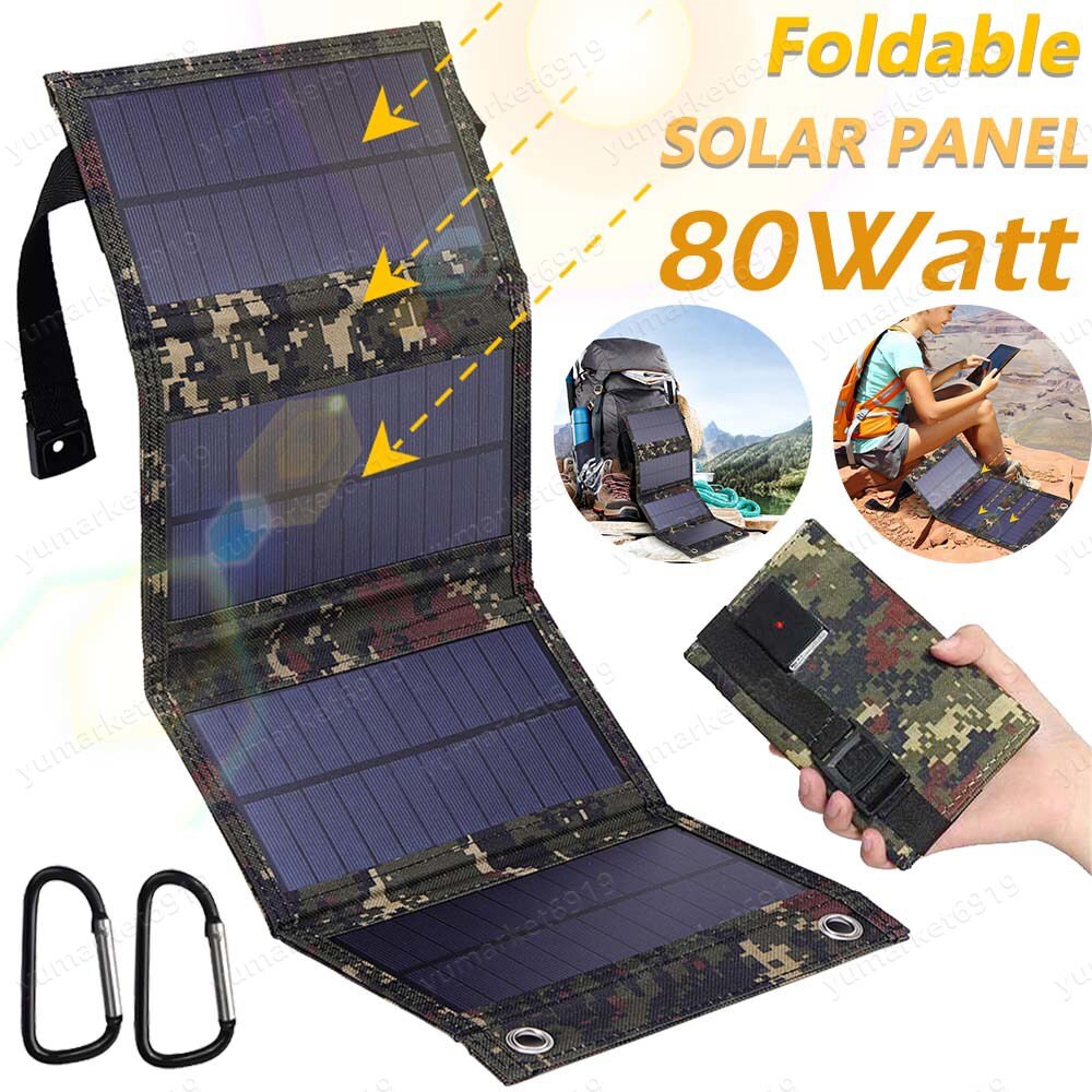 80W Solar Panel Folding Power Bank USB Charger Outdoor Camping Backpack Survival