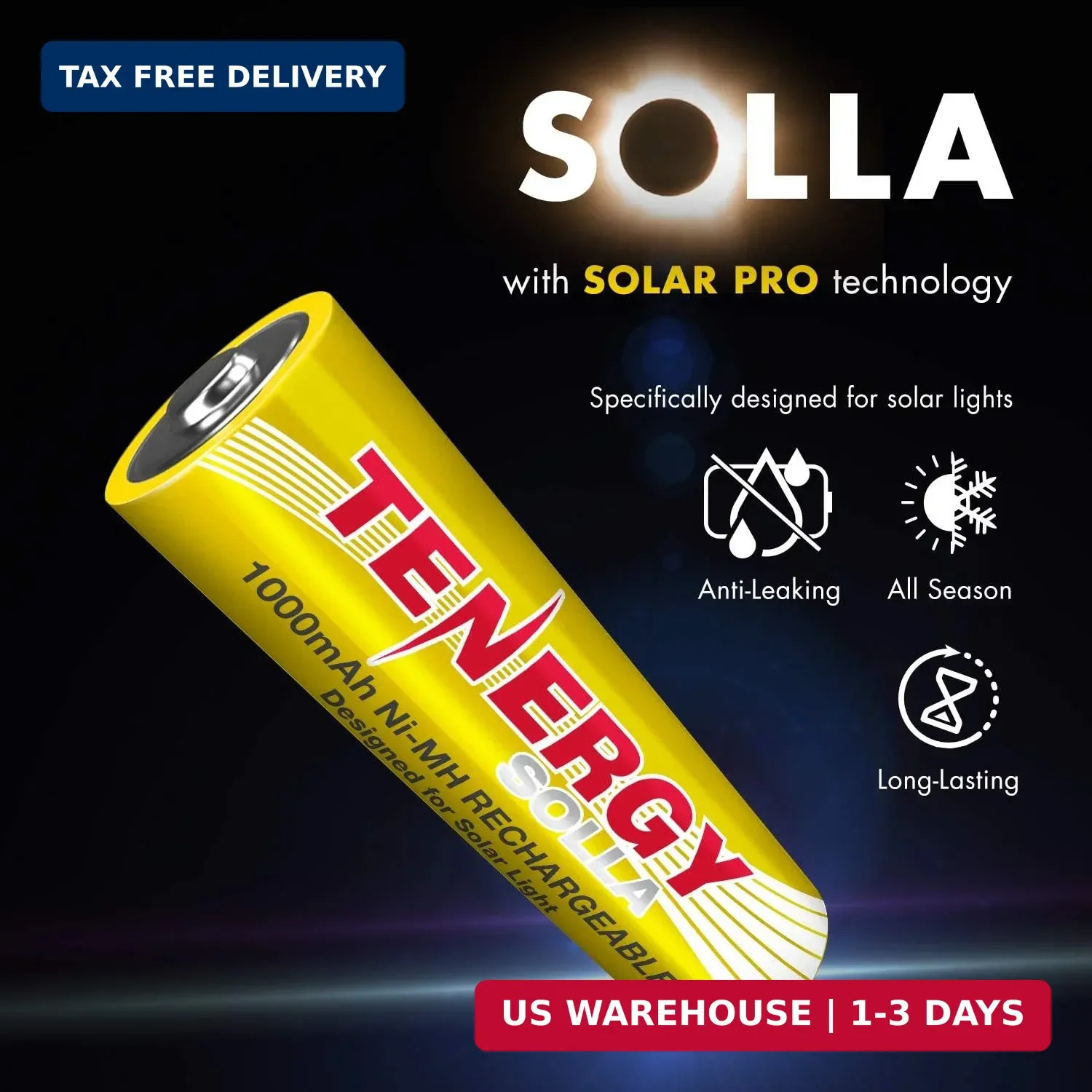 Tenergy Solla Rechargeable NiMH AA Battery, 1000mAh Solar Batteries for Solar Ga