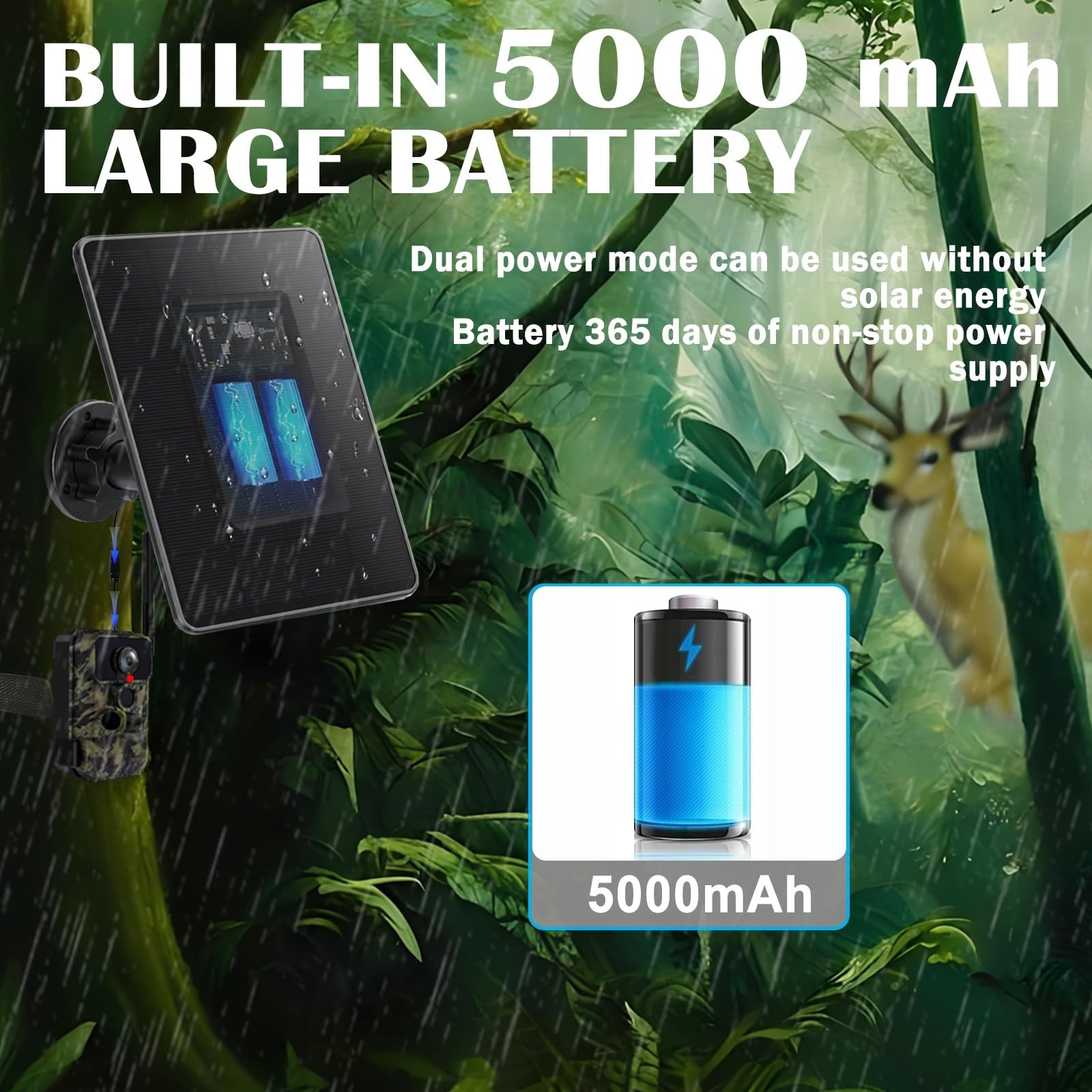 Solar Panel for Trail Camera, 5000mAh Rechargeable Battery, IP66 Waterproof, 10f