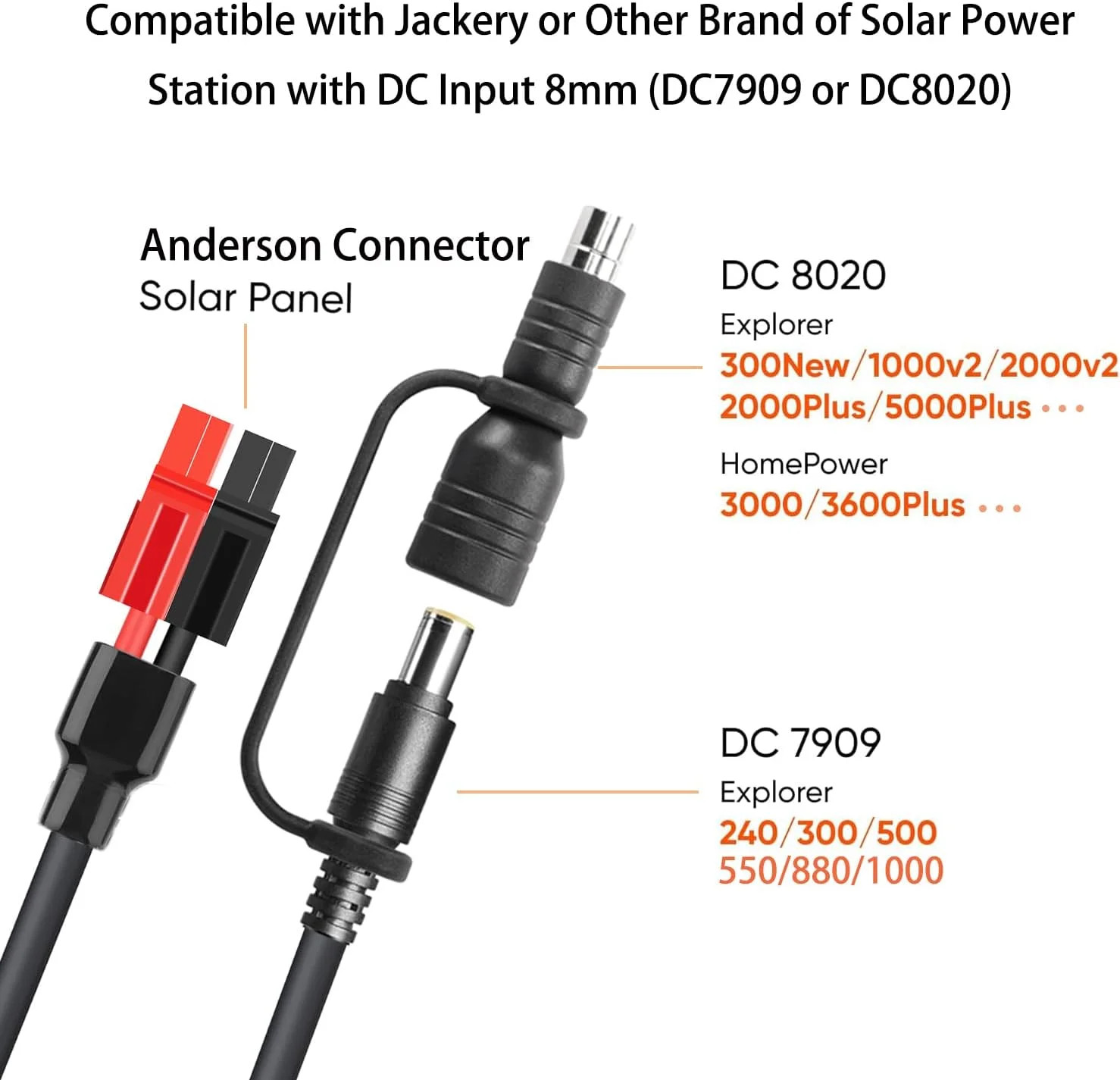 20FT Jackery Solar Panel Extension Cable 14AWG Anderson Connector to DC 8mm Adap