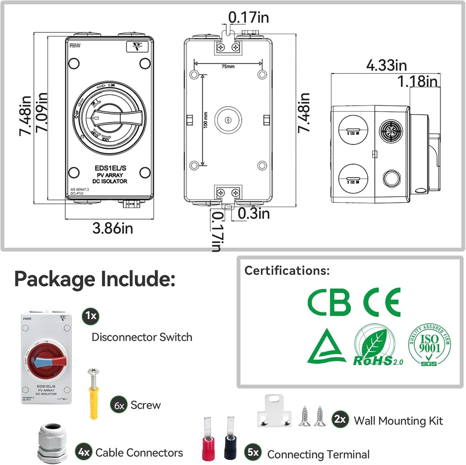 Waterproof IP66 Solar Disconnect Switch 4-Pole Red DC1500V 32Amp Isolator Sol…