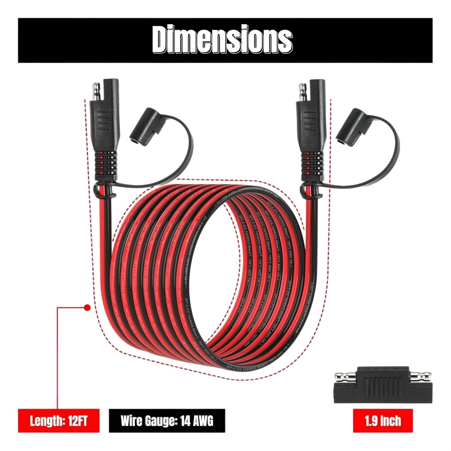 12FT 14AWG SAE Extension Cable for Solar Panel RV Battery Automotive and Marine