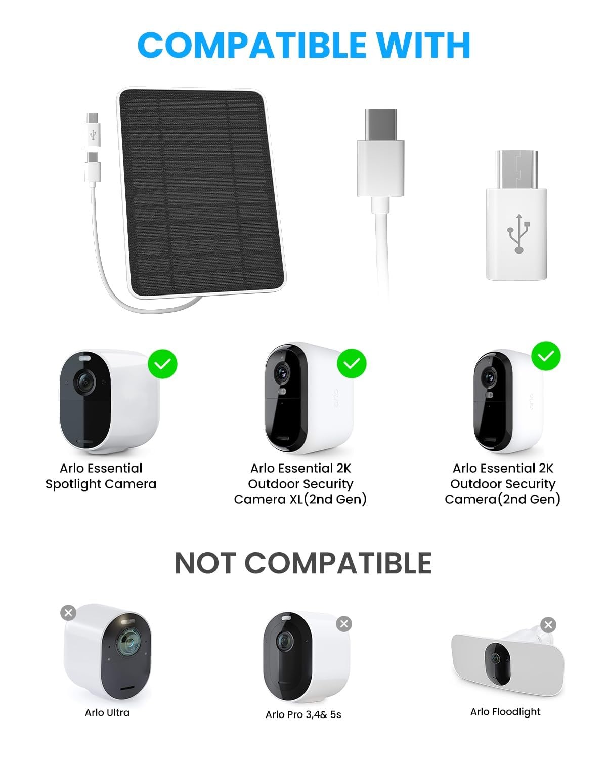 2 Pack Solar Panel Charger Compatible with Arlo Essential 2K Outdoor(2nd Gen)/Es
