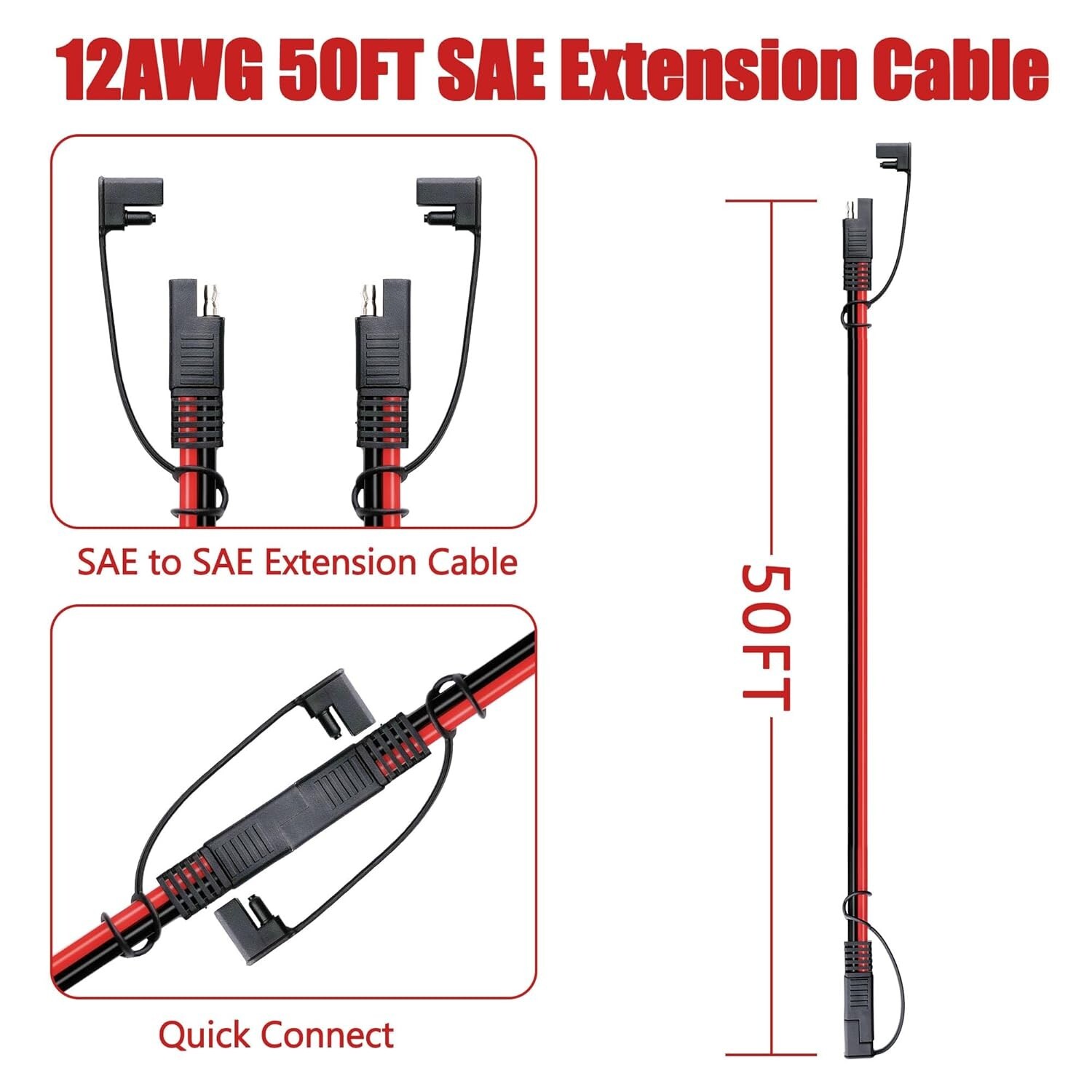 50 FT SAE to SAE Extension Cable 12AWG,12 Gauge SAE Adapter Cable,SAE Ports W…