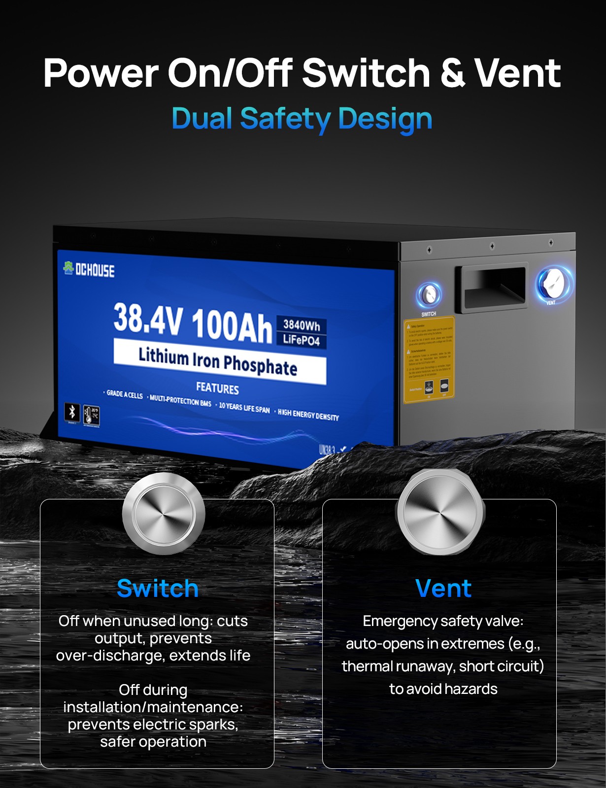 DC HOUSE 36V 100Ah Battery Bluetooth app Lithium Lifepo4 Monitor Metal Case RV