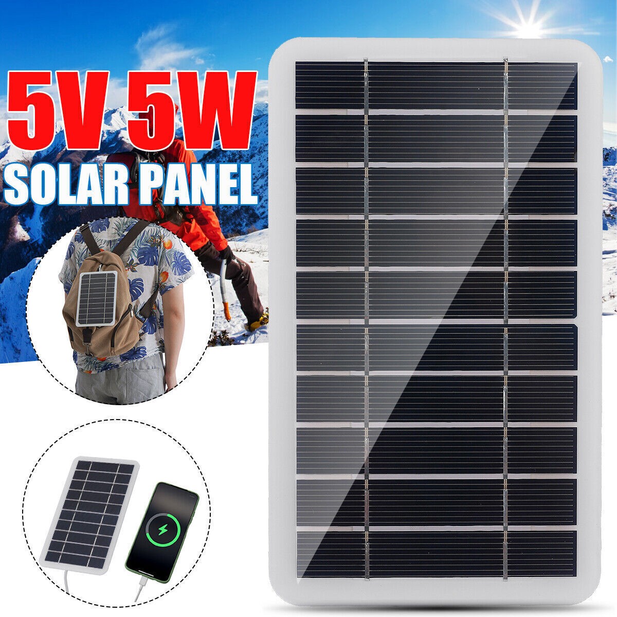 5W 5V USB Solar Panel Polysilicon Phone Battery Power Charging Charger Camping