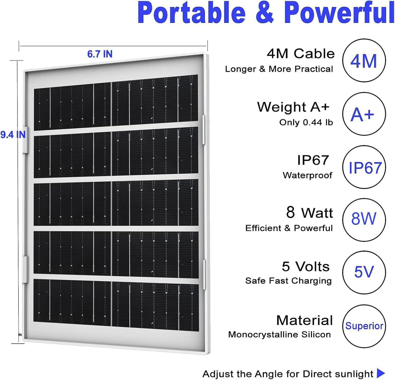8W Solar Panel Charger for Outdoor Security Cameras, with Micro USB/USB-C and DC